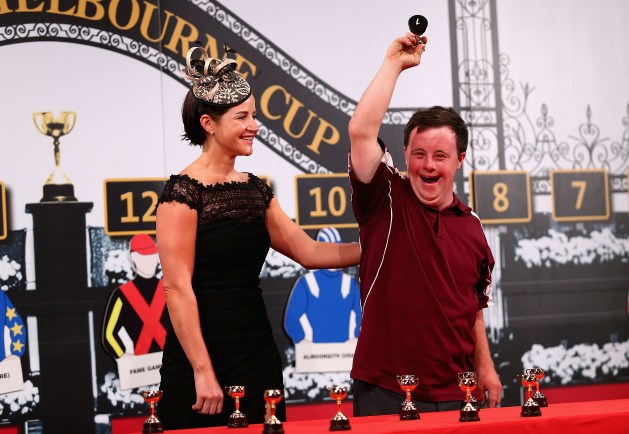 MELBOURNE, AUSTRALIA - OCTOBER 31: Stevie Payne (R) reacts as Michelle Payne (L) looks on during the 2015 Melbourne Cup Barrier Draw at Flemington Racecourse on October 31, 2015 in Melbourne, Australia. (Photo by Robert Prezioso/Getty Images for the VRC)
